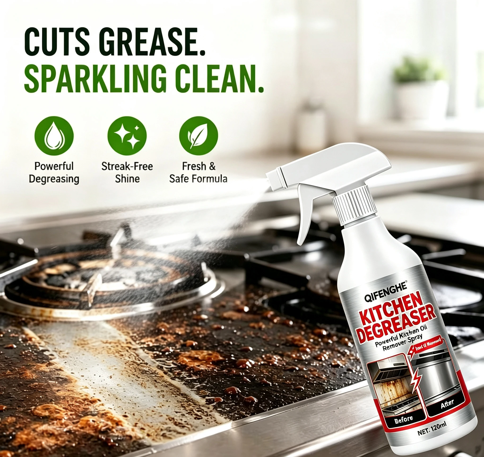 QIFENGHE Kitchen Degreaser Spray 120ml Powerful Grease Remover Multi-purpose Kitchen Oil Stain Cleaner for Stove Oven Cookware R
