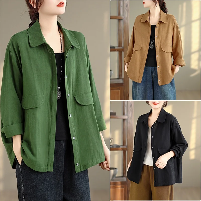 

Casual Cotton irt Jaet Women's Loose Fit Turn-down Collar Long Sve Outerwear Trendy plus Size Cover-up Spring Autumn