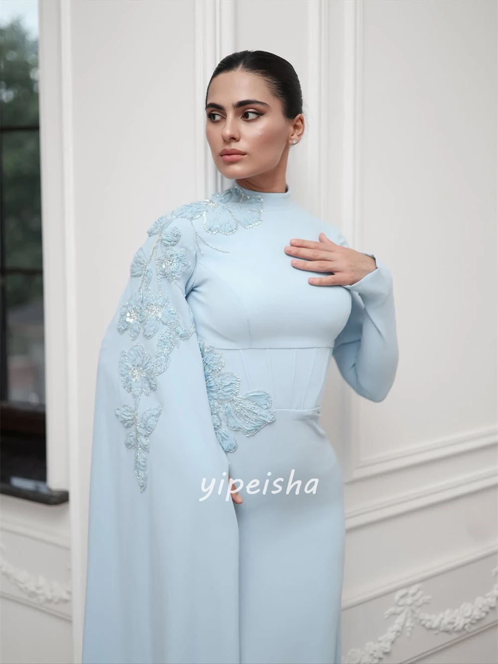 Customized High Quality Fashion Jersey Handmade Flower Beading Straight High Collar Long Dresses Bespoke Occasion Dresses Retro image 3