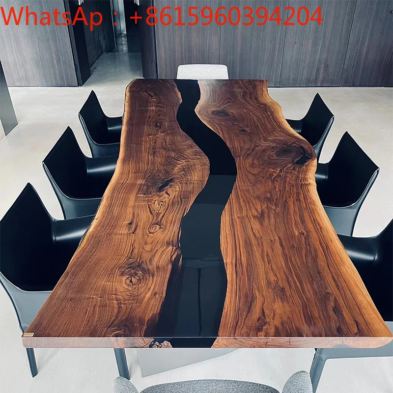 

Modern epoxy resin art river table solid wood black walnut log wave tea whole board furniture can be customized
