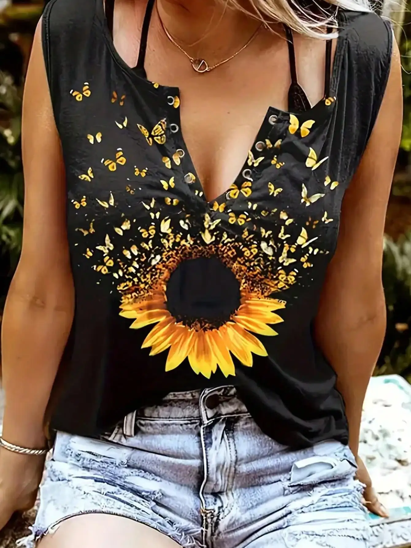 Women's Plus Size Sunflower Butterfly Print V Neck Tank Top, Button Detail Loose Long Sleeveless Casual Vacation Blouse