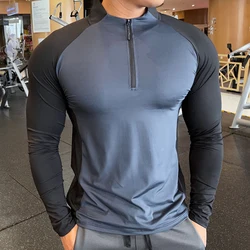 New autumn winter Long Sleeve Men Running Fitness Tshirt elastic Quick Dry Sports Bodybuilding Training zipper collar Shirts