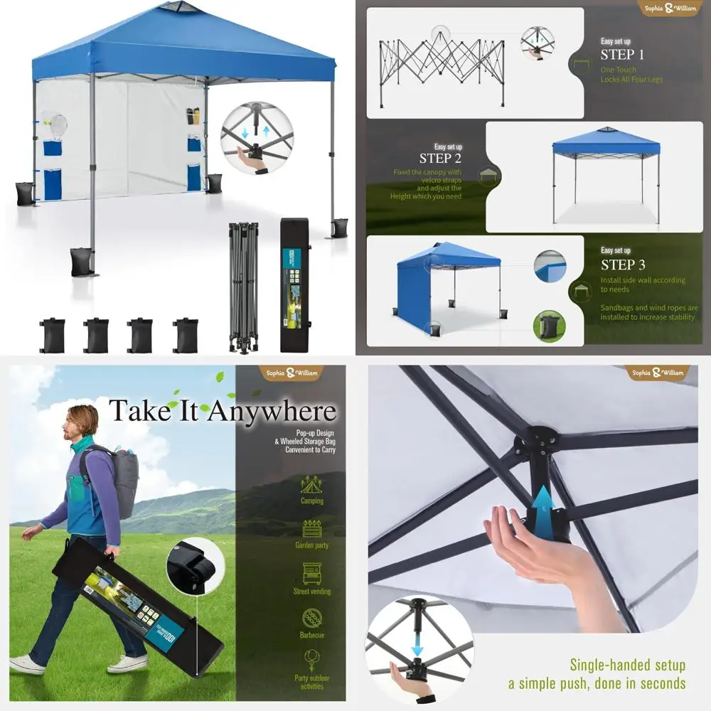 

Heavy-Duty 10x10 ft Pop-Up Canopy Tent with Straight Legs, One Person Easy Setup, Outdoor Shelter, Includes 1 Sidewall and 4 Sta