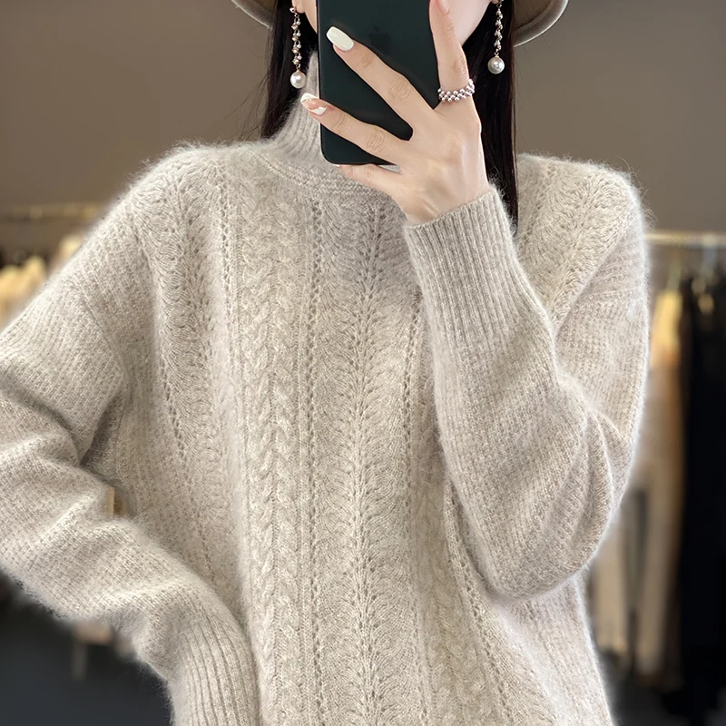 DjzDsm Autumn/Winter New 100% Mink Cashmere Women\'s Turtleneck Fashion Hollowed-Out Pullover Knit Base Long Sleeve Sweater