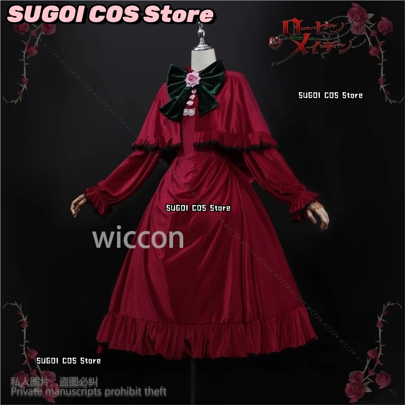شين كو تأثيري أنيمي روزن البكر زي فستان أحمر مخملي لوليتا قبعة أغطية الرأس الباروكات للفتيات امرأة حفلة الهالوين مخصصة