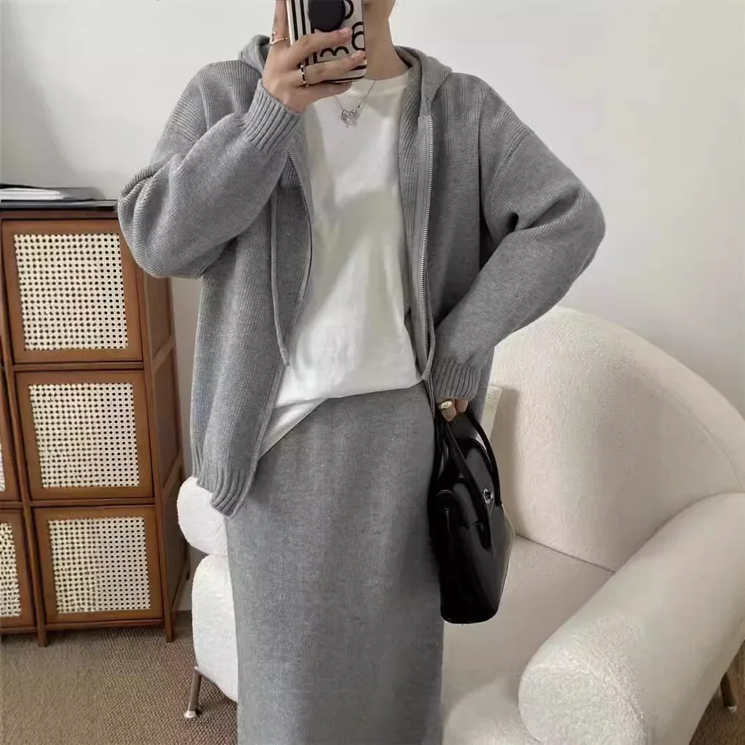 Casual Hooded Knitted Cardigan Half Skirt Two-piece Set New Loose Temperament Sweater Set