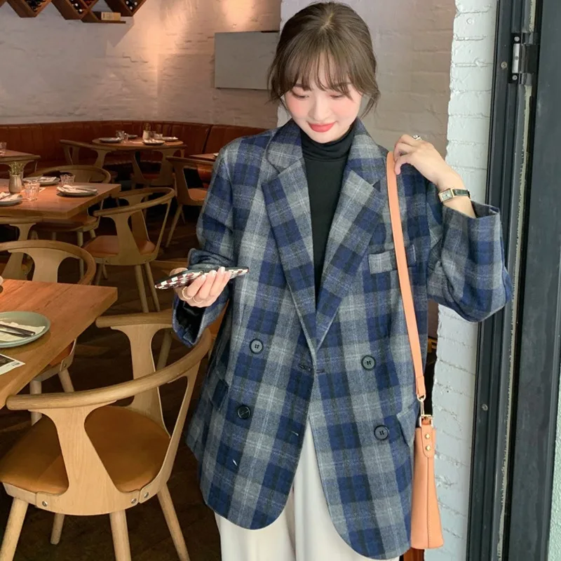 Blue Plaid Woolen Blazer Women's 2026 Spring New Korean Version Loose Spring And Autumn Padded Cotton Imitation Cashmere Coat