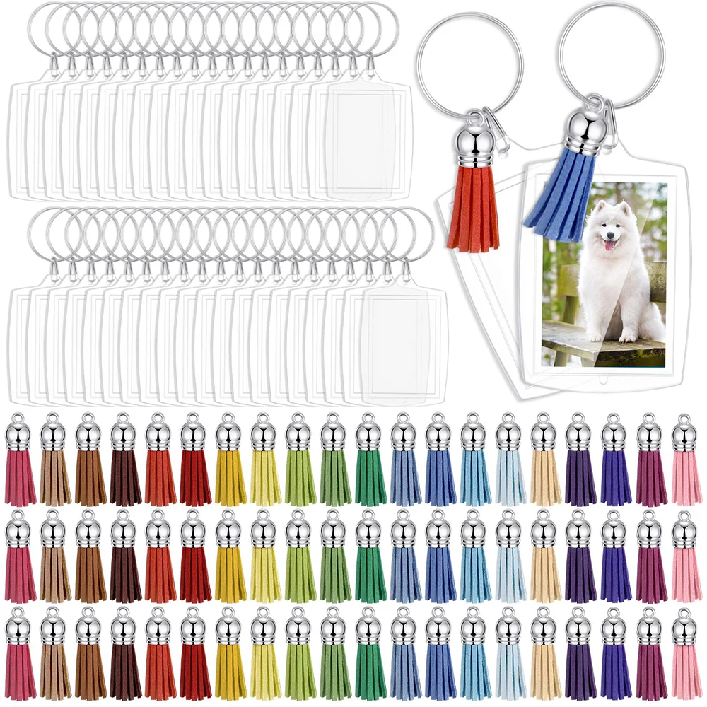 50sets Rectangle Acrylic Keychain Blanks Clear Picture Keychains Insert Photo Keychain with 50pcs Tassels for DIY Projects