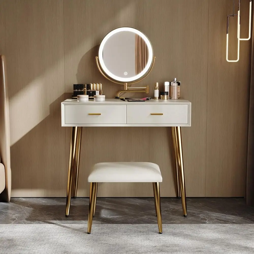Beige Microfiber Leather Vanity with gold legs