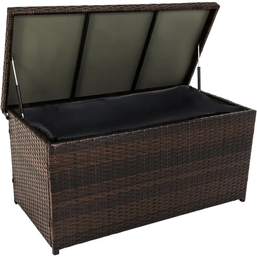 

70 gallon willow storage box with waterproof lining, outdoor terrace PE rattan storage box, hinged deck box