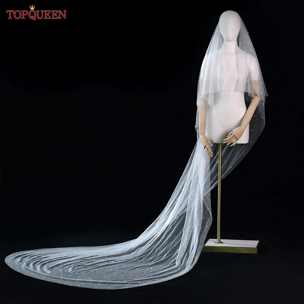 TOPQUEEN V91 Sparkling White Champagne Glitter Pearl Veil Double Layer Blush Tulle Wedding Accessories Bridal Short Veil