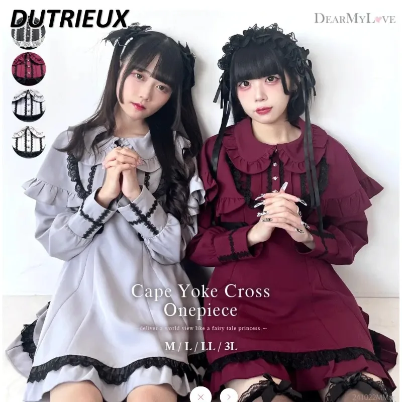 

Autumn and Winter New Lolita Japanese Long-sleeved Slim-fit Dress Cute Sweet Girl Lace Fungus Edge Cape Short Dresses
