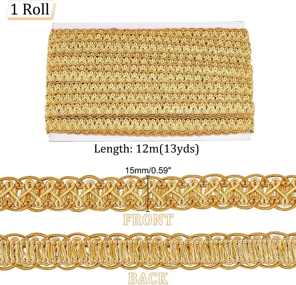 12m/13 Yards Golden Gimp Braid Trim, 15mm/0.6 inch Decorative Woven Braid Trim Sewing Centipede Lace Ribbon Polyester Upholstery