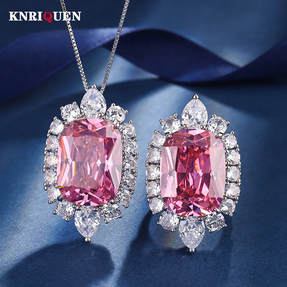 

Romantic 15*20mm Pink Quartz Lab Diamond Gemstone Pendant Necklace Rings for Women Wedding Party Fine Jewelry Set Accessories