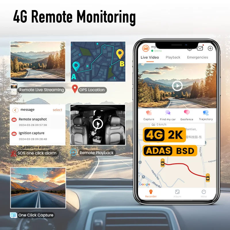 Global 4G LTE Dash Camera Remote Monitor Touch Screen 4 Channel 2K Car Camera 360 View SimCard GPS WiFi ADAS BSD APP Remote View