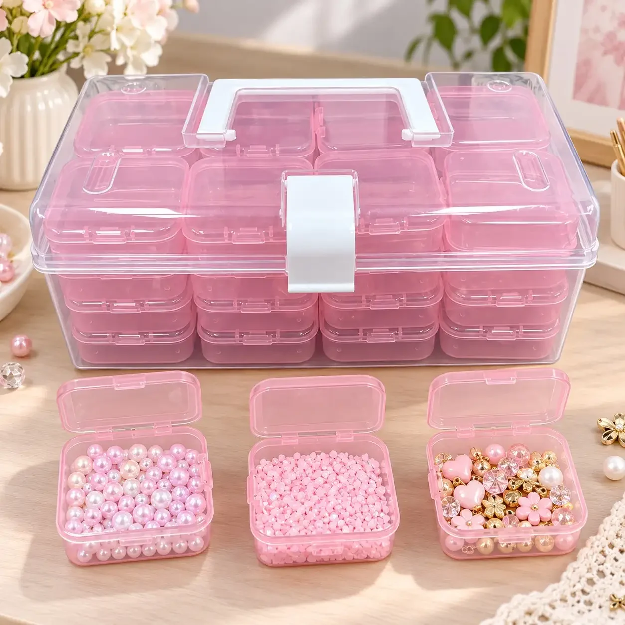 32Pcs Clear Pink Plastic Storage Box Set 2 Colors Optional, Large Box for Beads Jewelry Crafts Small Items, Stackable Storage Bins, Gift for Friends Craft Enthusiasts, Jewelry Box Women Travel Back to School Dorm Essential