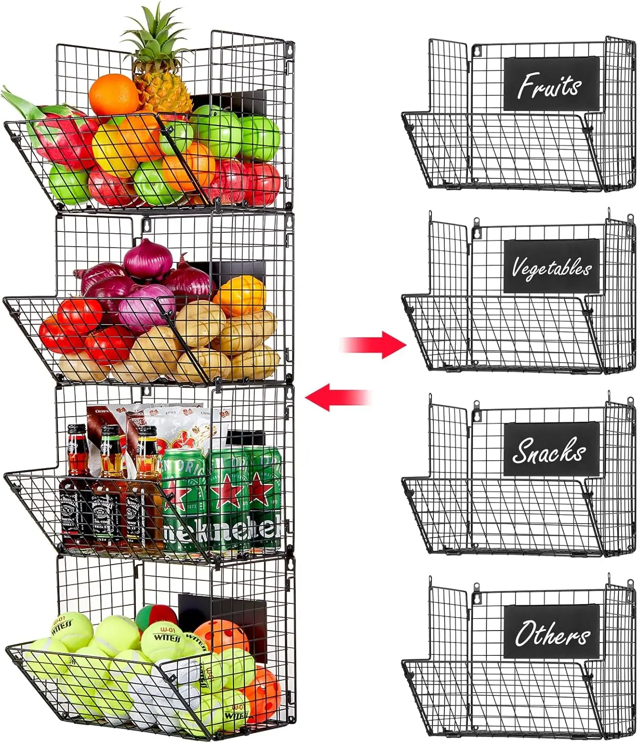 

4-Tier Wall Mounted Metal Wire Basket Organizer with Chalkboards, Extra Large Storage for Kitchen Bathroom