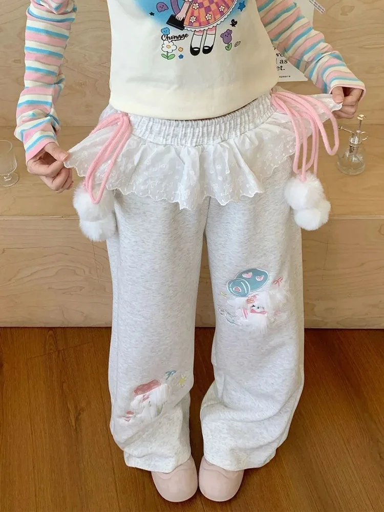 Cute Cartoon Wide Leg Pant Women Lace Patchwork High Waist Sweet Trousers Vintage Japan Preppy Style Fall Winter Kawaii Pants