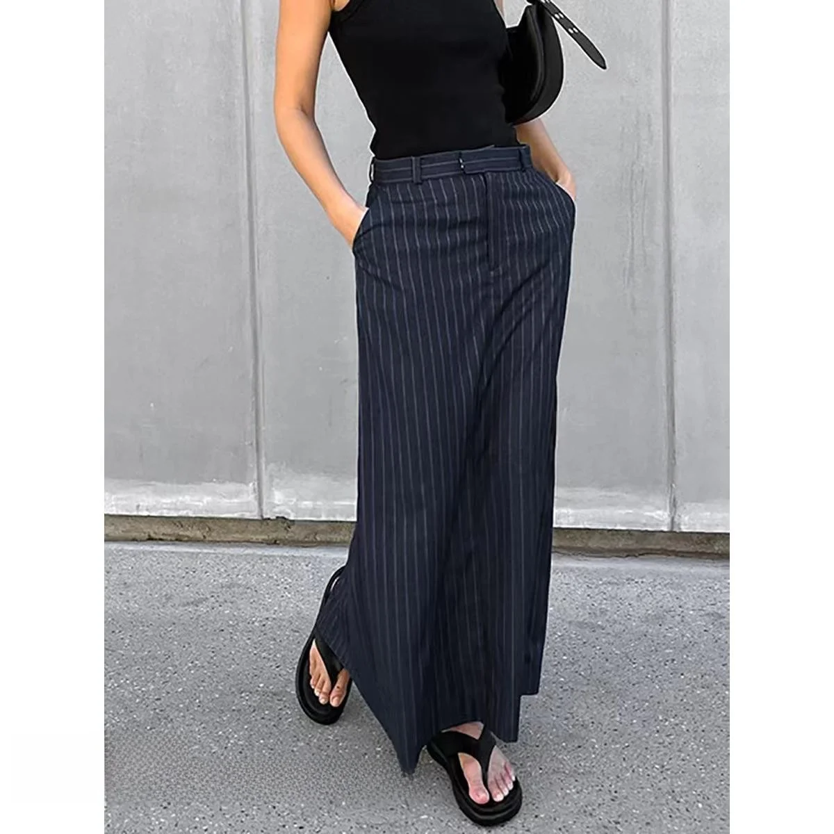 Cintura alta listrado split corte reto midi saia fadable fino ajuste saias femininas primavera 2024 coleção ele saia longa