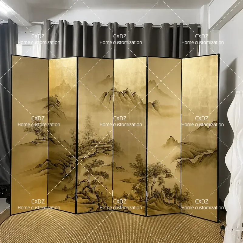 Hand Painted Landscape Lacquer Screen Room Divider for Living Room Office Mobile Photography Prop Chinese Gold Foil