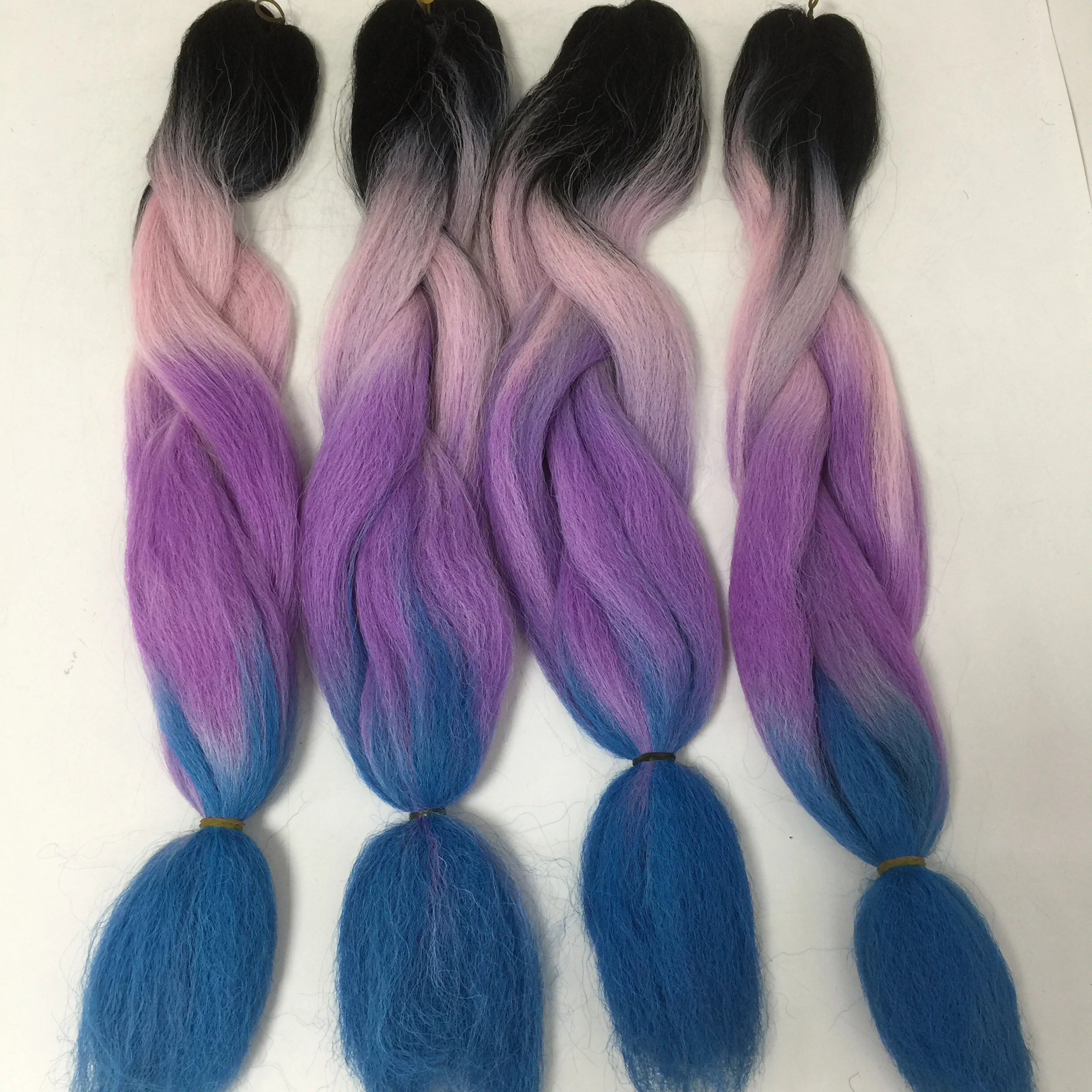 10 Packs Four Tone Ombre Color Black/Light Pink/ Purple/Blue Jumbo Braids Synthetic Hair Extensions for Black Woman