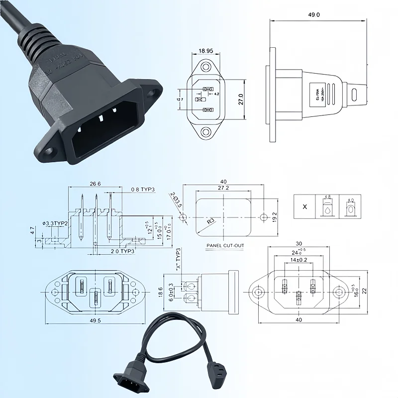 E1-21IEC320 C14 to C13 Extension cord C14 with screw holes and C13 Short 60cm lenght Drop shipping availables 10A 125-250 VAC