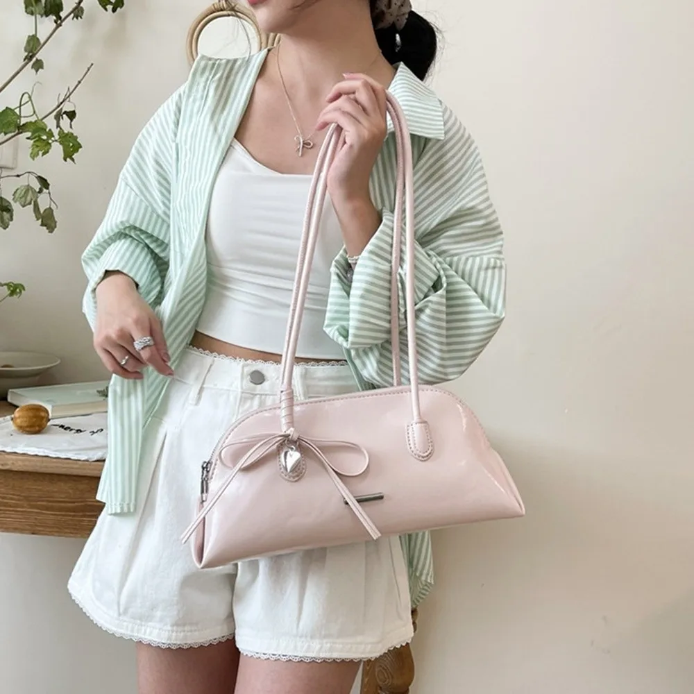 

Korean Style Plaid Underarm Pack PU Leather Casual Boston Shoulder Bag Solid Color Sweet Bowknot Women Handbag Dating