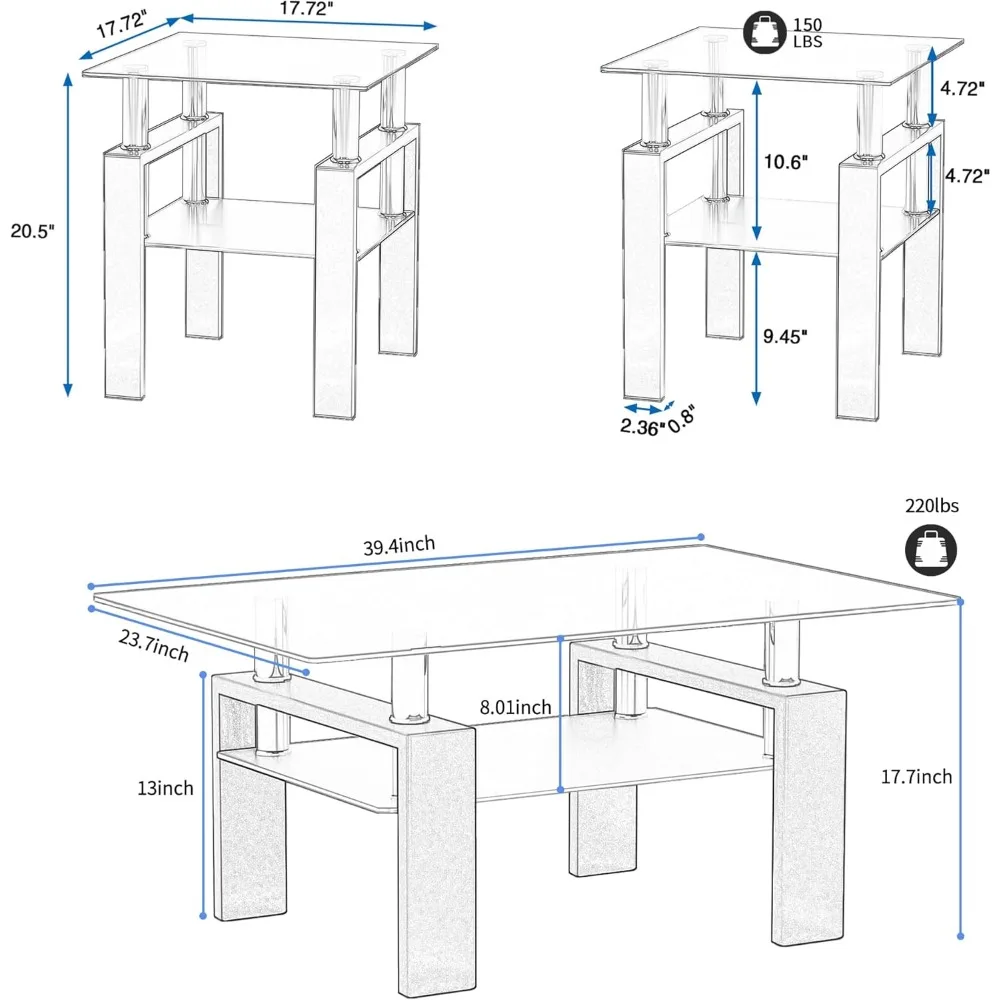 3-Piece Living Room Furniture Set: Glass Coffee Table and Metal End Tables