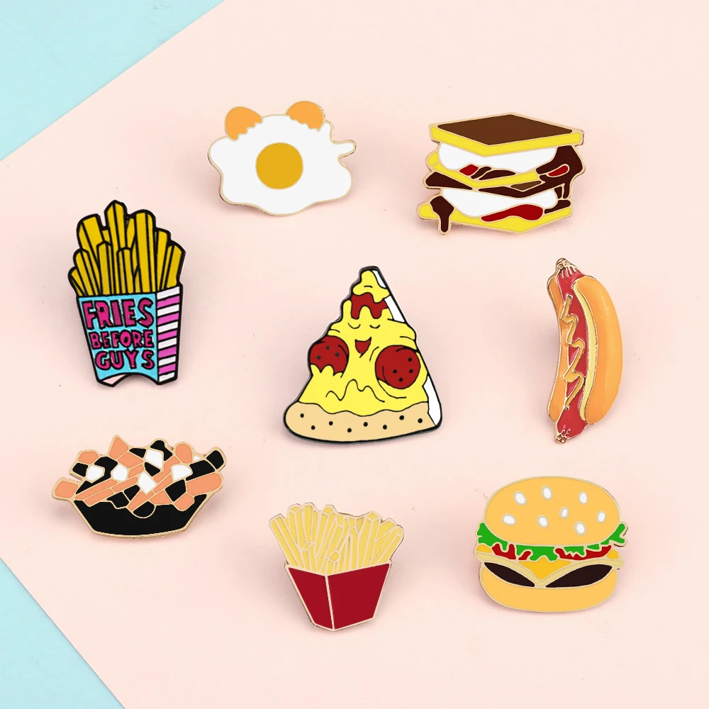 Alfileres esmaltados de alimentos rápidos a la moda, bonitos broches personalizados de patatas fritas, Pizza, huevos de Hamburgo, insignia para solapa, bolsa, joyería de dibujos animados, regalo para niños