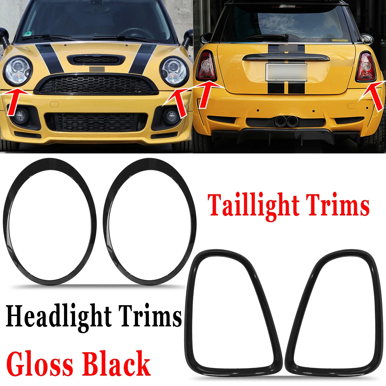 For Mini Cooper R55 R56 R57 2007-2015 Gloss Black Front Rear Headlight Eyelid Frame Kit Grille Trim Taillight Frame Cover