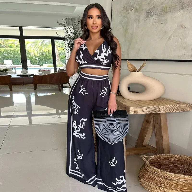 

GUWU Elegant Print Women's Set Strap V-neck Crop Tops and Wide Leg Pants 2025 Fashion Summer Two 2 Piece Sets Outfit Tracksuits