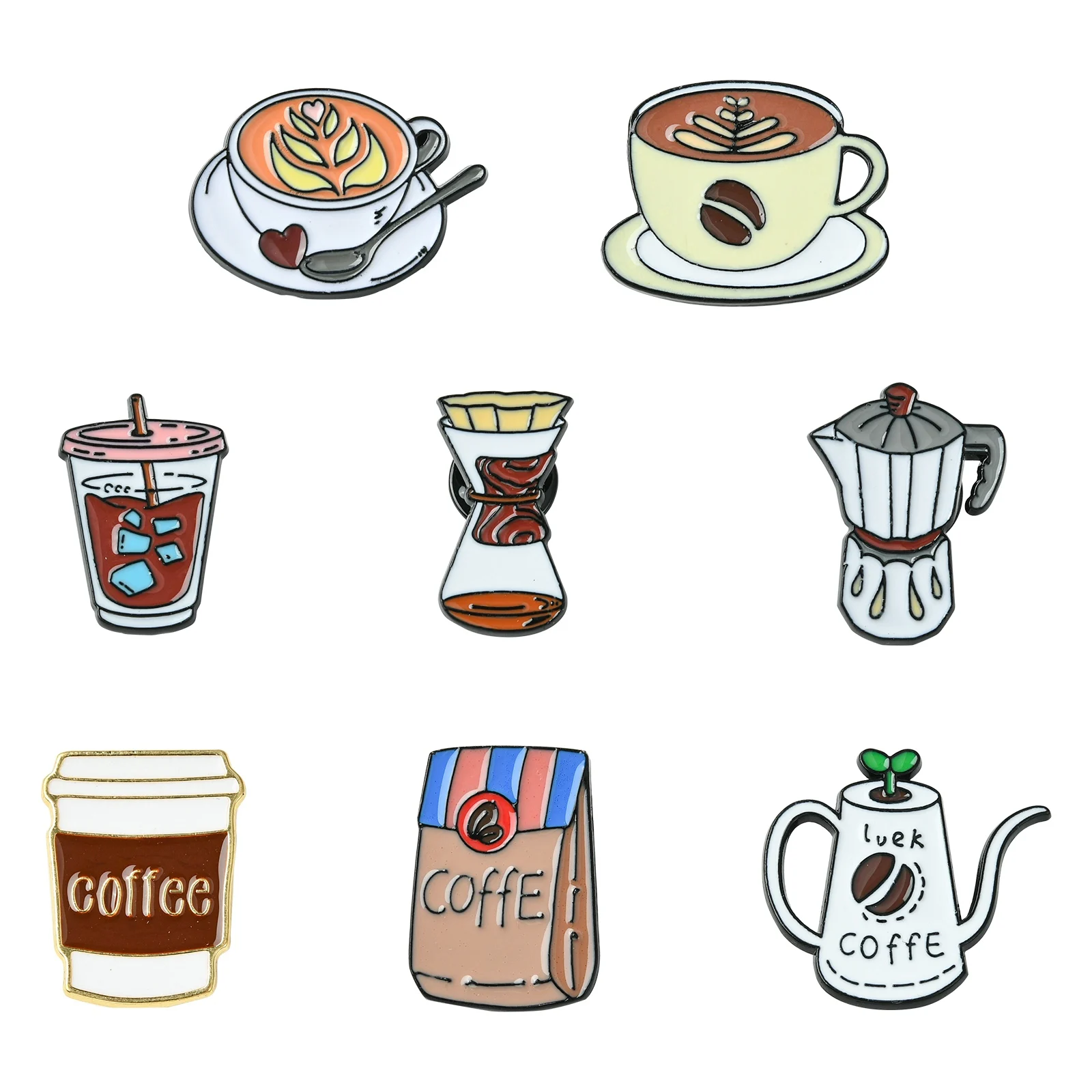 PandaHall 8Pcs Mixed Styles Coffee Brooch Pins Set Cafe Series Coffee Cups Pots Brooch Badges for Clothes Backpack Bag Decor