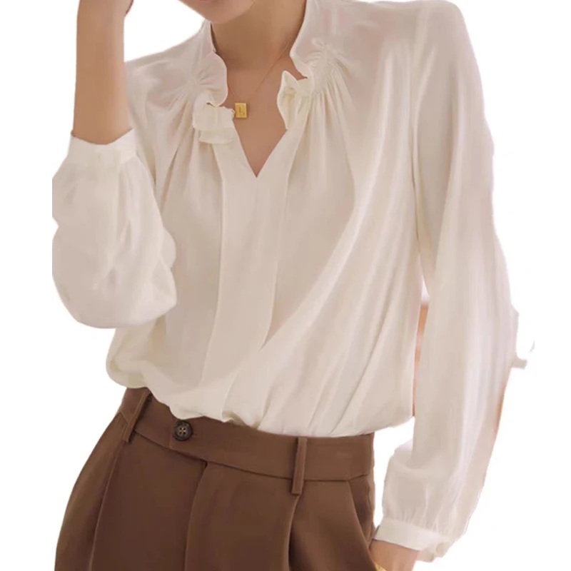 EVNISI Woman Elegant V-neck White Blouse Casual Long sleeved Office Shirt Loose Chic Party Pullover Tops For Woman 2024 Spring