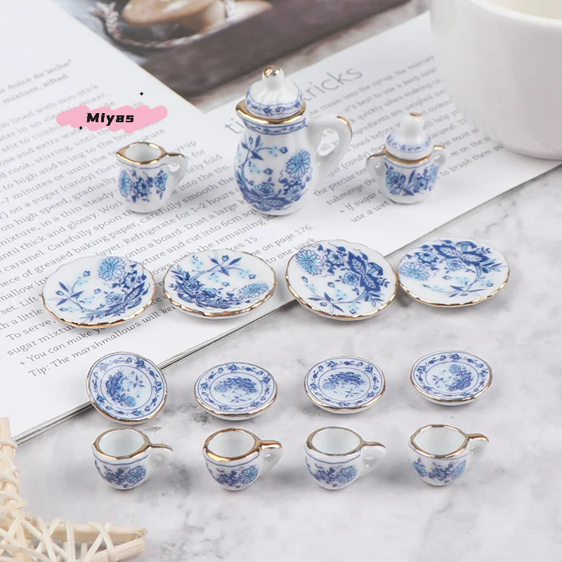 ชุดถ้วยชาเซรามิกพอร์ซเลน 15 ชิ้น สำหรับบ้านตุ๊กตาขนาด 1/12 ของสะสมเครื่องครัวและอุปกรณ์รับประทานอาหาร