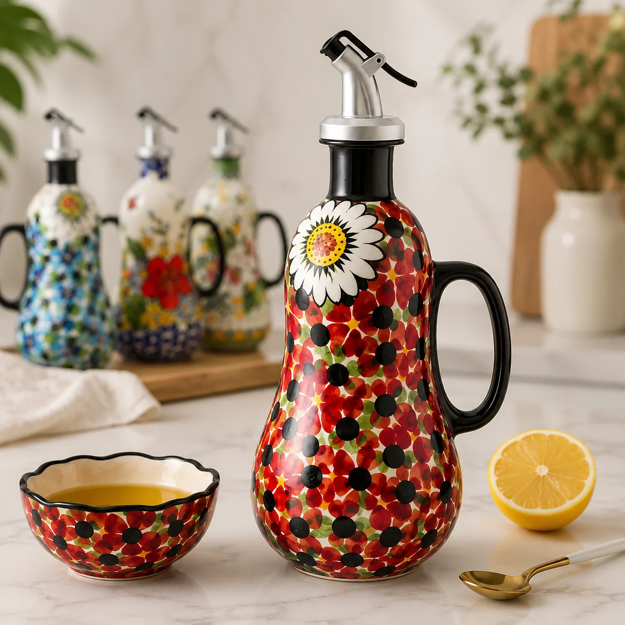 600ml Vintage Floral Ceramic Oil Dispenser Hand Painted Vinegar Bottle with Pour Spout Kitchen Olive Oil Cruet Table Decor