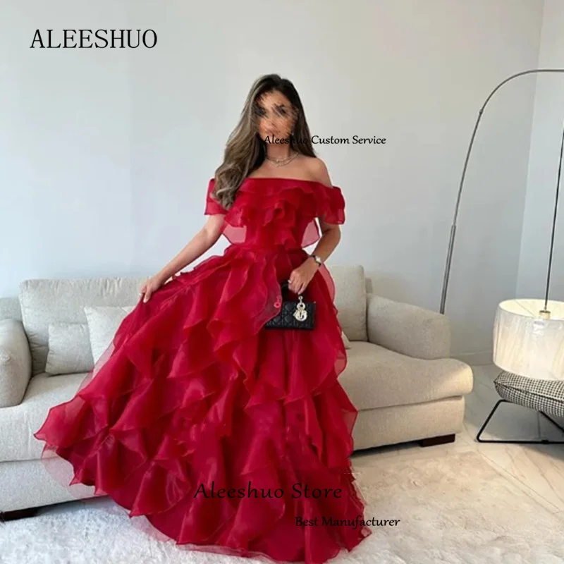 Aleeshuo Moslim Elegante Organza Prom Jassen Mouwloze Avondjurken Saudi Arabische Ruches Uit De Schouder Party Aangepast