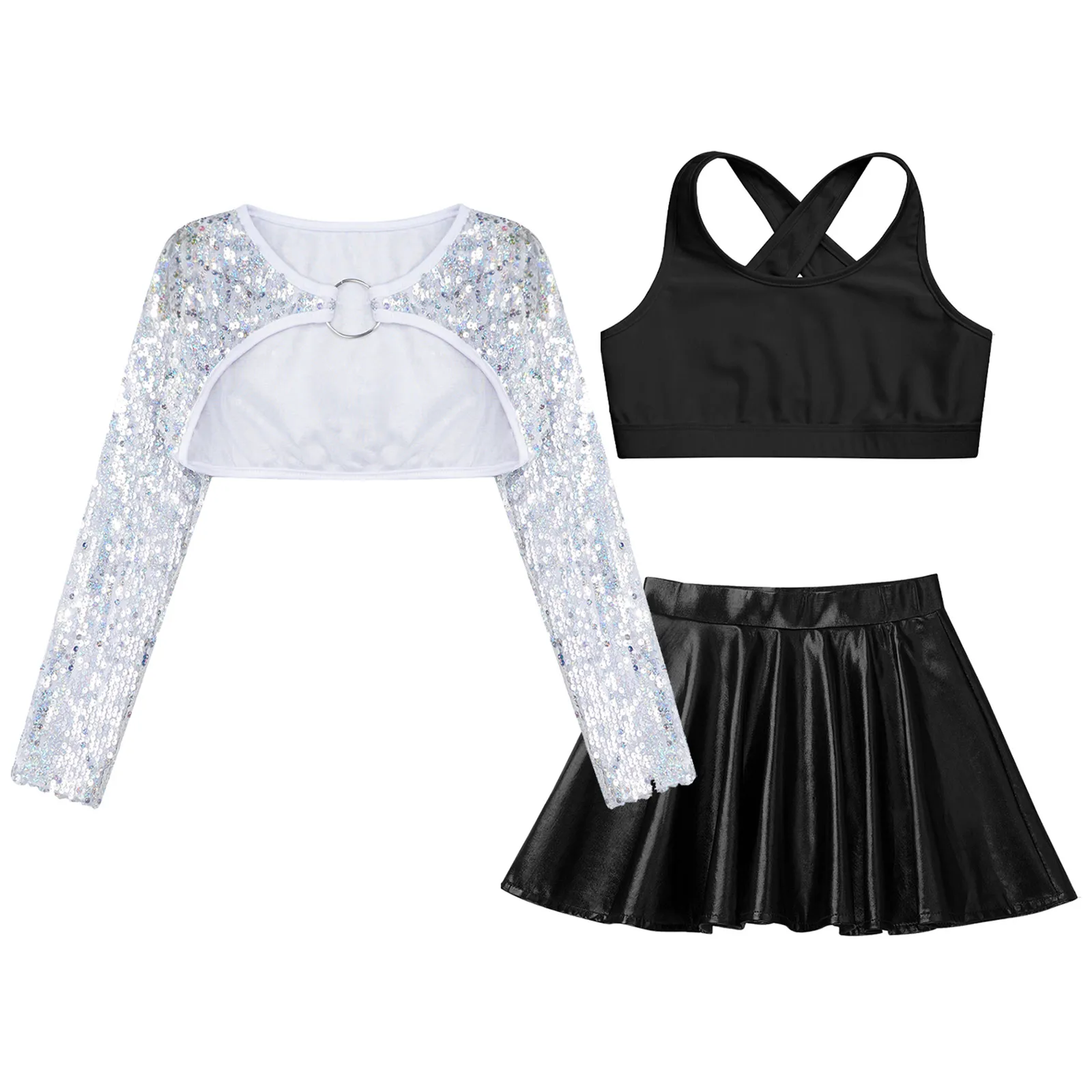 Tenue de danse jazz pour filles, col en U, fibre brillante, paillettes scintillantes, haussement d'épaules BEmbed o, haut court à manches longues, jupe métallique, enfants, ensemble de 3 pièces