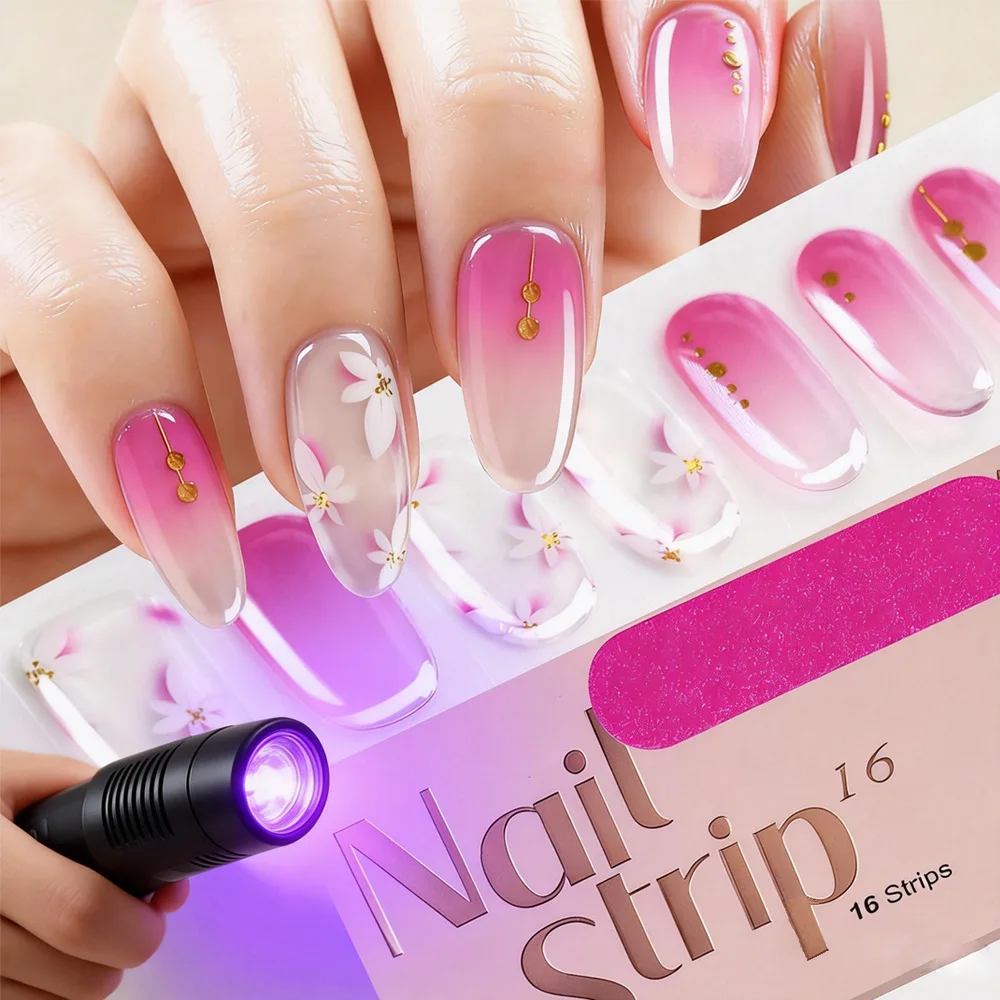 16Tips/Sheet Gradient French Semi Cured Gel Nail Strips Rose Pink UV Gel Nail Stickers Spring Summer Glossy Gel Nail Wrap Decals