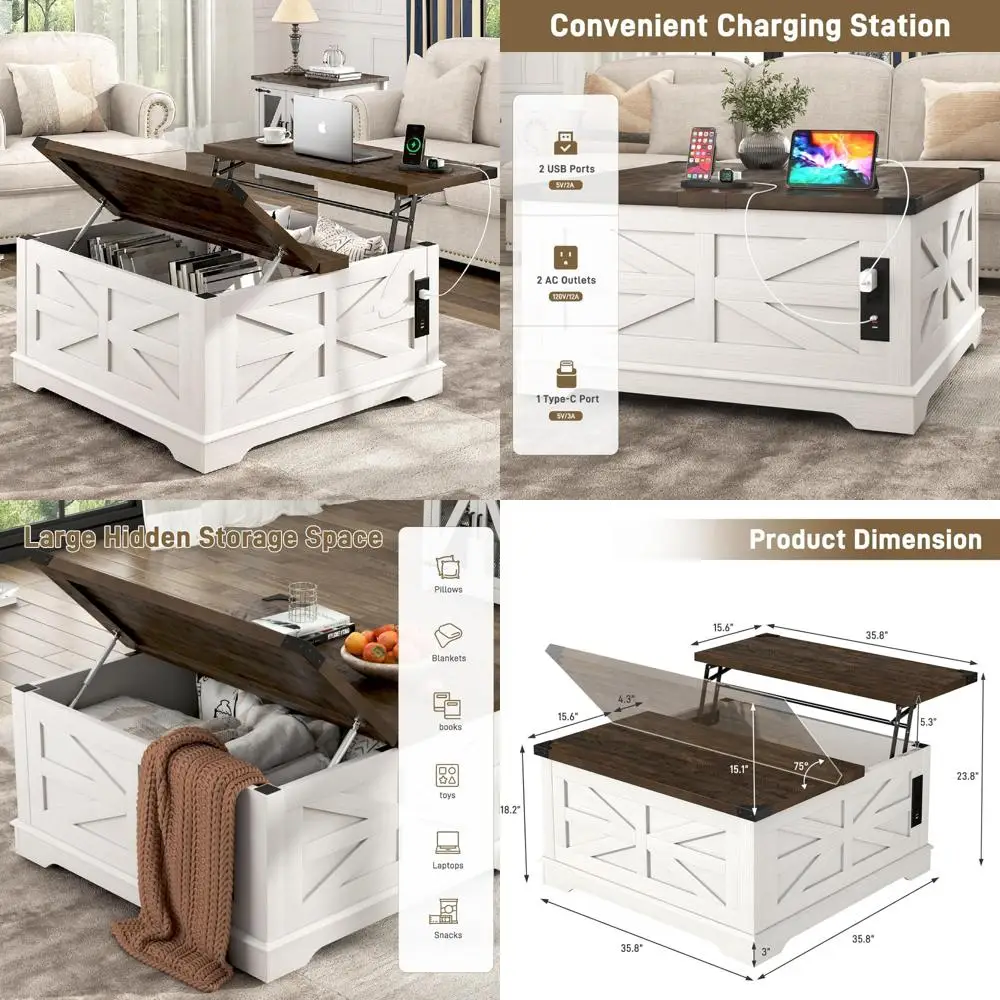 Square Farmhouse Style Coffee Table with Lift Top Storage, Power Outlets, and Wheels for Living Room