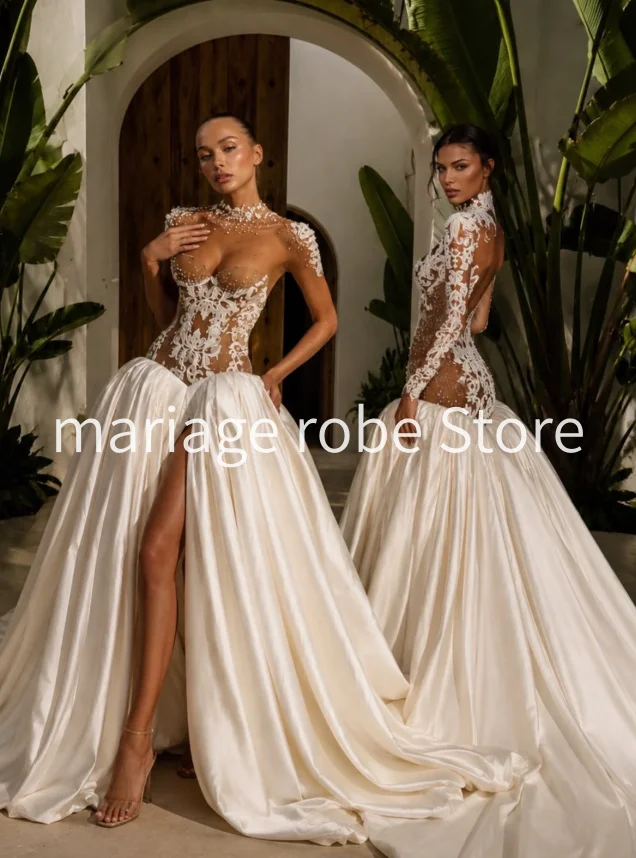 Ivory Beach Holiday Corset Wedding Dresses Nude Illusion Long Sleeve Lace-up Fairy Slit Castle Bridal Gown Garment Customized