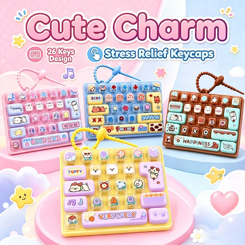 @26 Grid Keycap Clicker Anti Stress Fidget Keyboard Keychain Decompression Button Cartoon Hand Relax Party Favor Gift 26구 키캡 키링