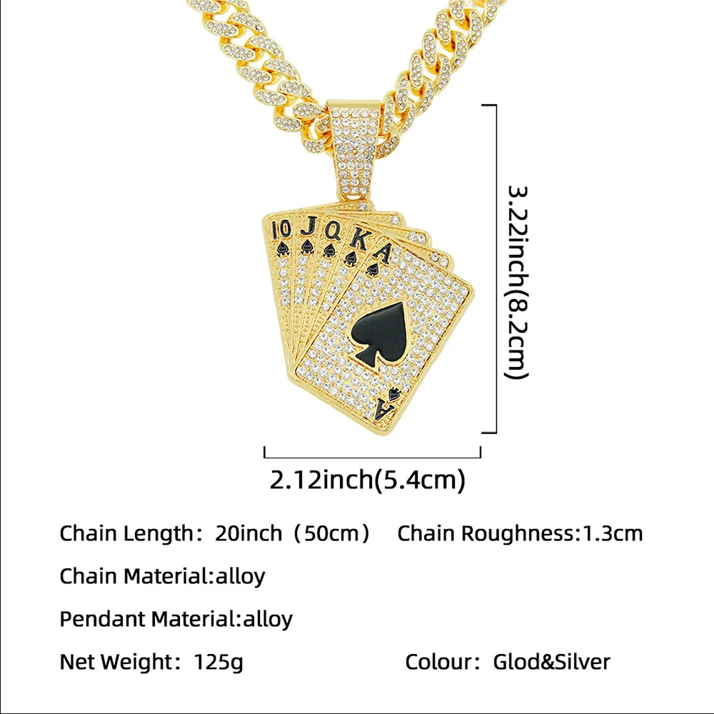 18K Gold Plated Hip-Hop Iced Out Spades Playing Card Necklace Men's Personalized Street Hip-Hop Rock Trend Jewelry from US Stock