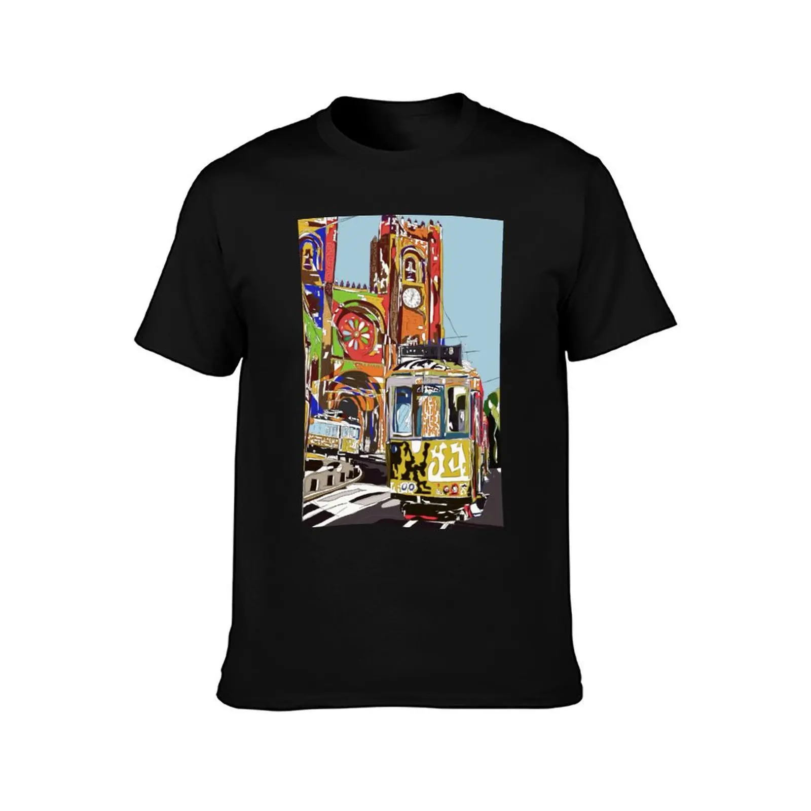 Lisbon Cathedral and streetcar, Urban Sketchers Portugal T-Shirt cotton graphic tees topping mens tall t shirts