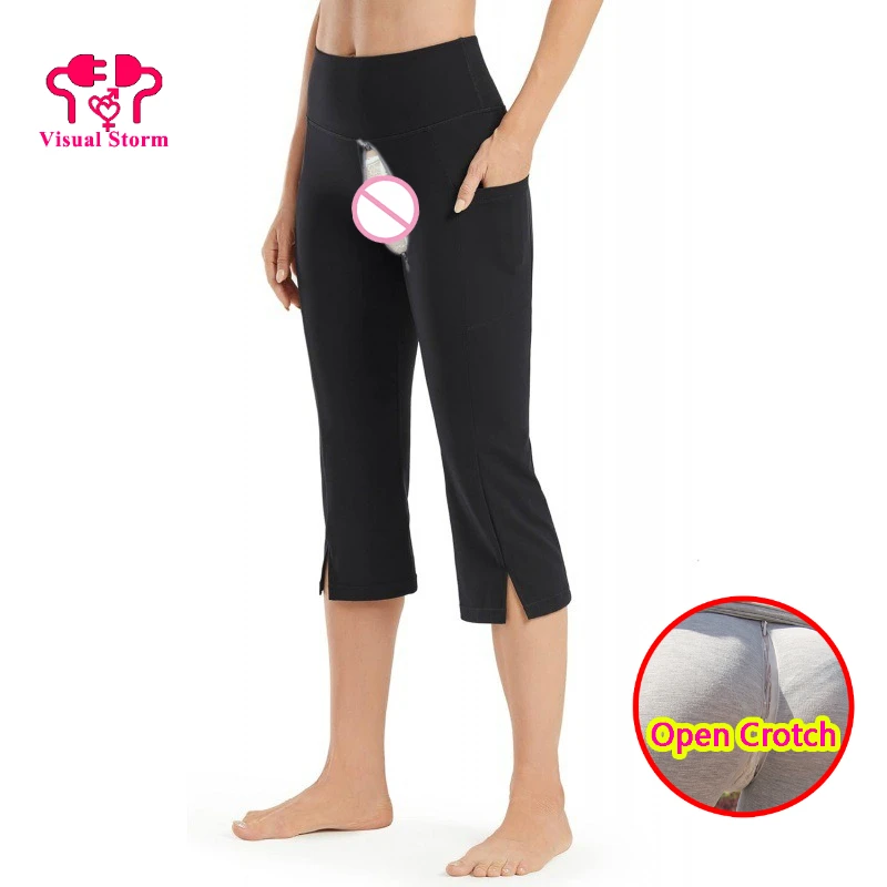 

Women Open Crotch Short Leggings Invisable Zipper Fitness High Rise Gym Sporty Capris with Pockets Push Up Crotchless Clubwear