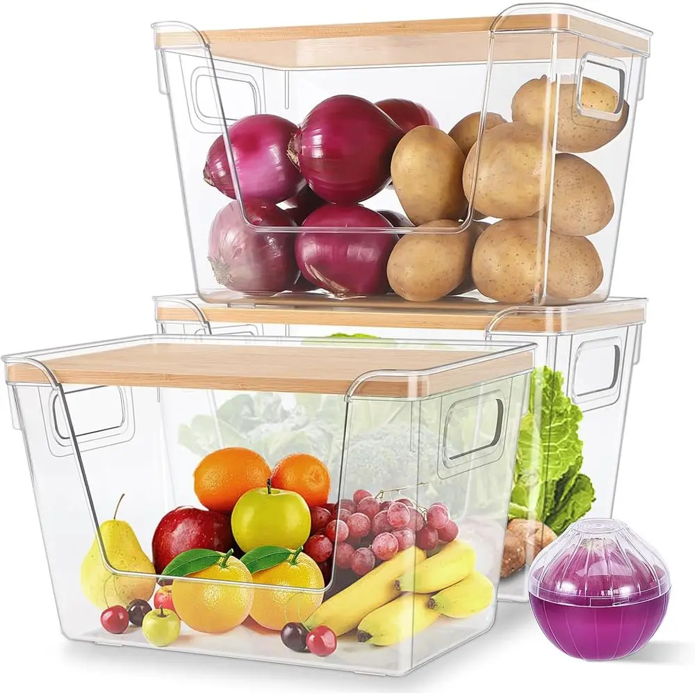 

Штабелируемые органайзеры для кладовой с бамбуковой крышкой для хранения продуктов, фруктов, овощей, закусок и корзины для белья