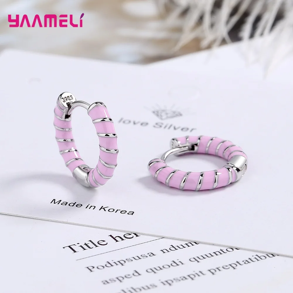 S925 Jewelry 925 Sterling Silver Round Circle Hoop Earrings New Trend White Black Pink Enameled Women Girl Fashion Accessory