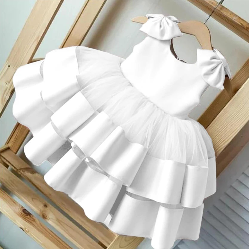 Toddler Bowknot Kids Princess Dresses For Girls Clothing White Tulle Birthday Party Wedding Dress Elegant Bride Lace Costume 10Y