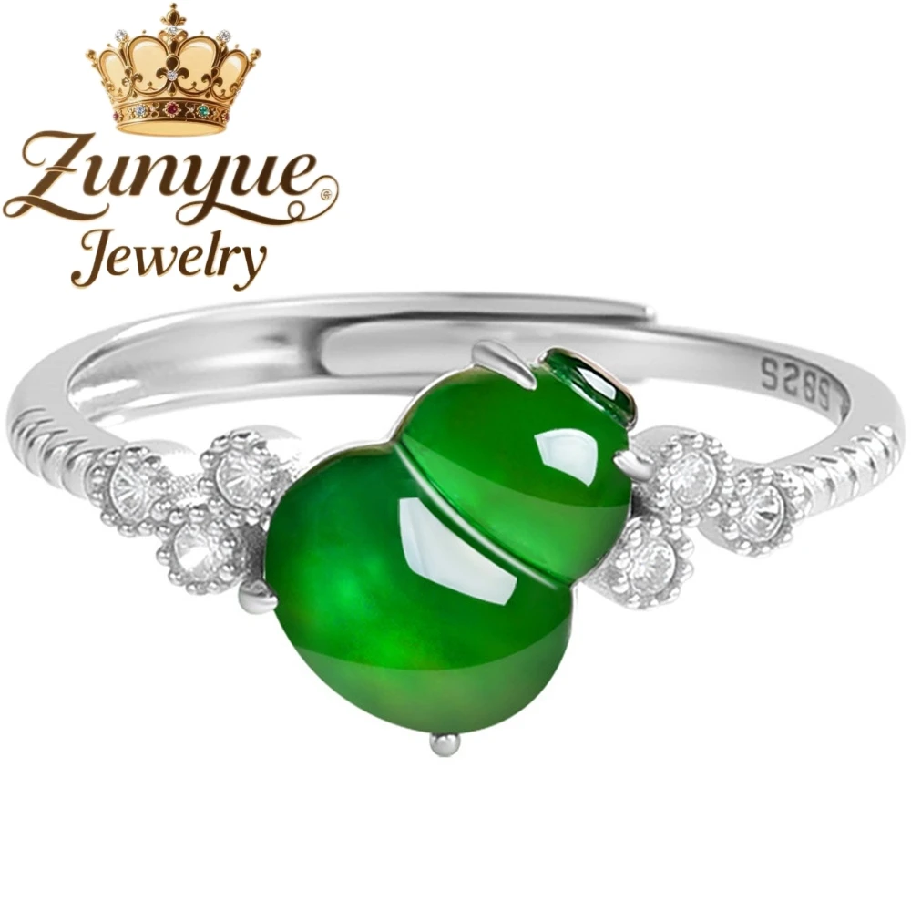

S925 Silver Inlaid Natural A-Grade Jade Gourd Green Ice Type Jadeite Ring Fashionable Ring For Women Adjustable Luxury Jewelry