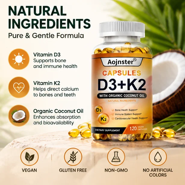 D3 K2 Complex Vitamin Capsules with Organic Coconut Oil, Support Bone Strength & Immune Function, 120 Vegan Caps