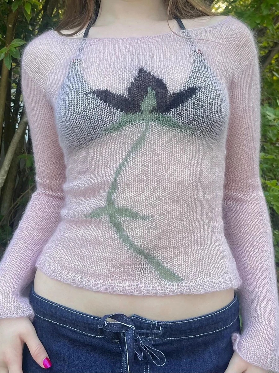 Frauen Gedruckt Blume Dünnen Pullover Gestrickte Lange Ärmeln Gestrickte Top Lange Ärmeln Boot Kragen Slim Fit T-Shirt Transparent Pullover